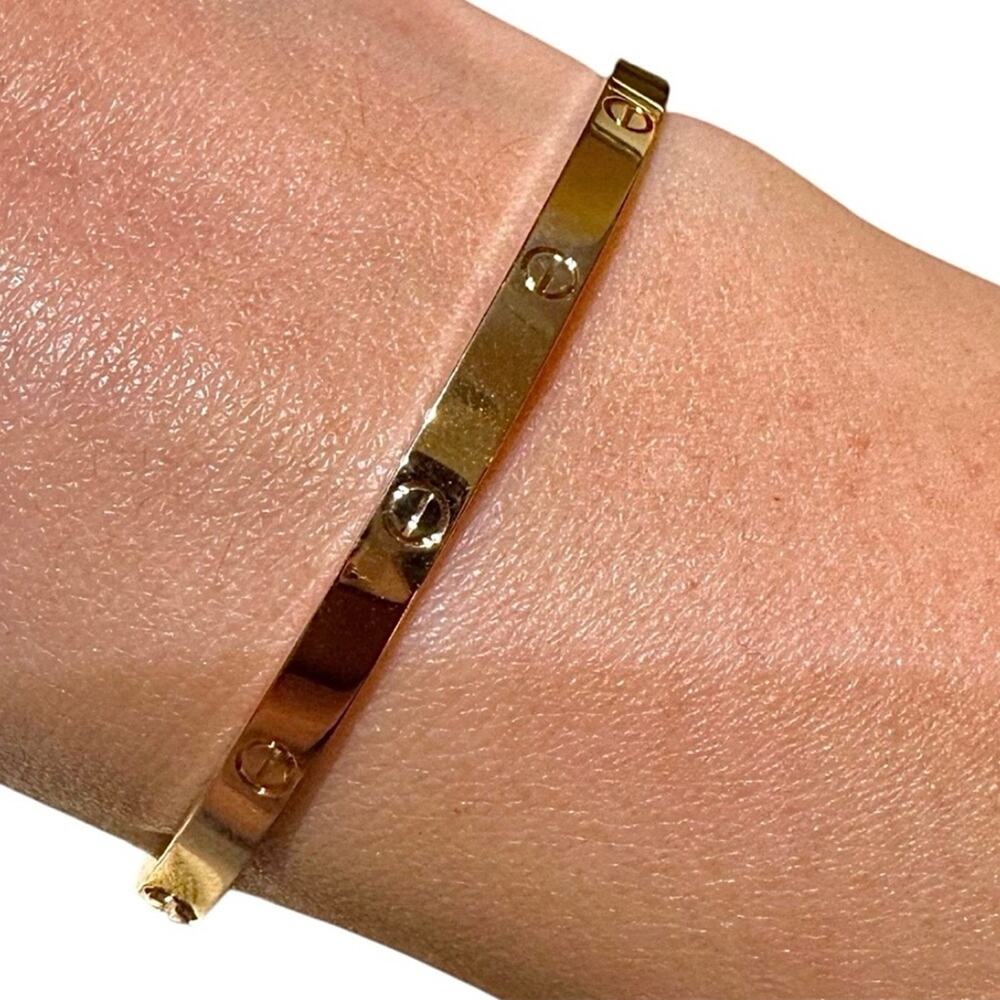 Stamped Love Thin Gold Bangle Bracelet No Stones - Picture 3 of 12